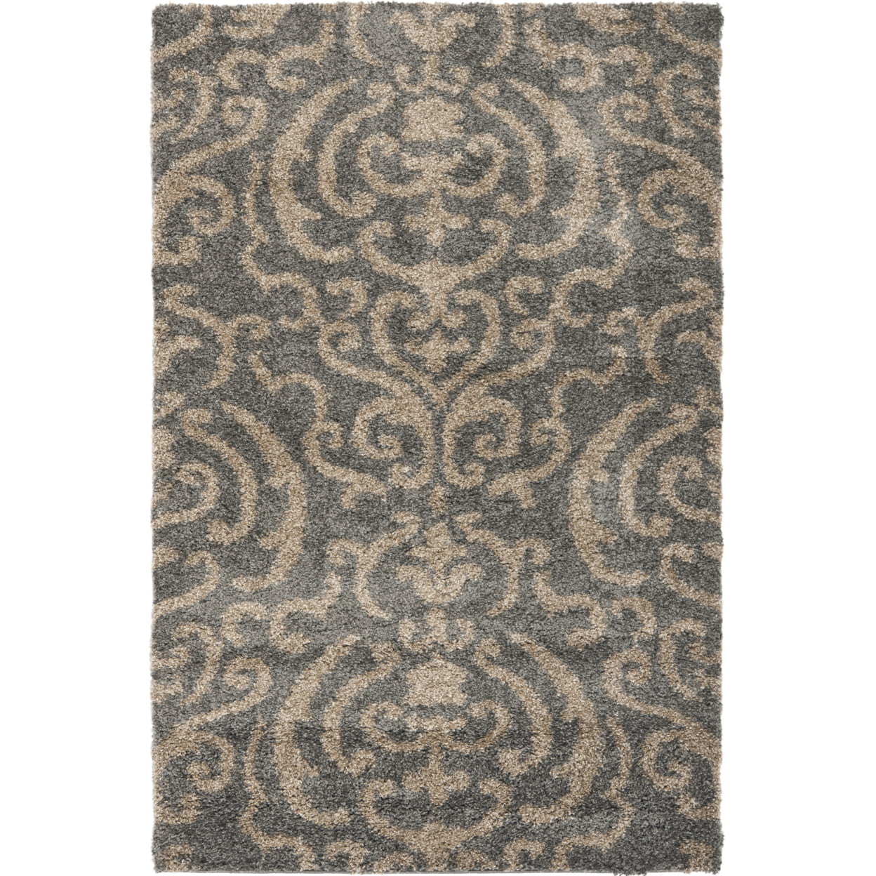 SAFAVIEH Florida Deangelo Damask Plush Shag Area Rug, Grey/Beige, 4' x 6'