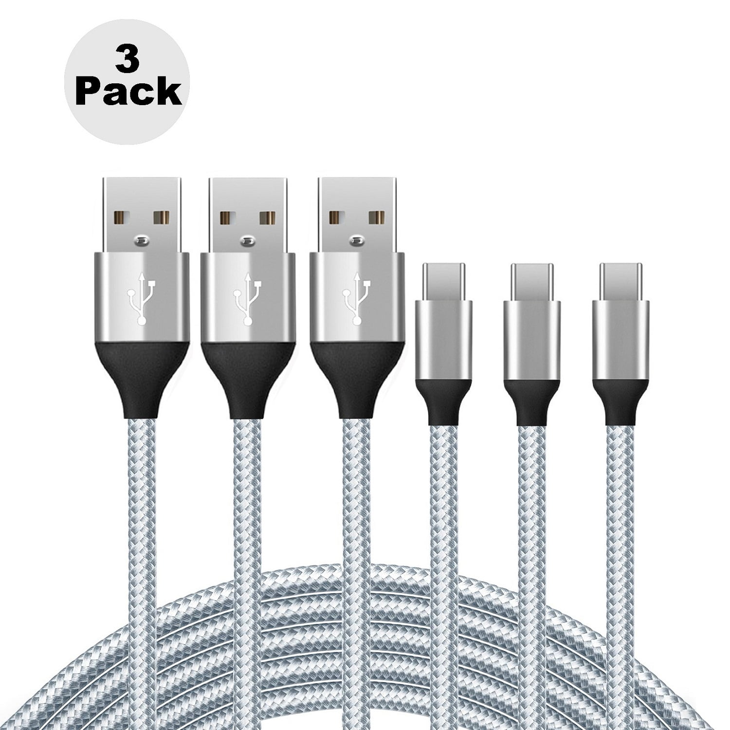 3Pack USBC Cable 2A Fast Charge 3ft, USB A to Type C Charger Cord Nylon Braided Compatible