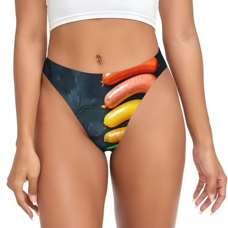 Qokaie Rainbow Sausages On Dark Slate Printed Women s Cotton Thong Underwear  Sexy Breathable Panties G-string-Medium