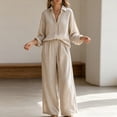 thumbnail image 2 of Morttic Women's 2 Piece Long Sleeve Button Down Shirt & Wide Leg Pants Set – Elegant Solid Color Casual Work Outfit Khaki，S, 2 of 6