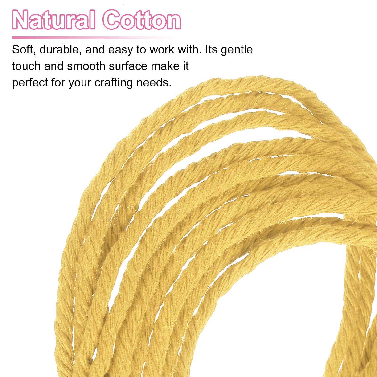 Uxcell Natural Macrame Cord 3mm x 328 Yards 4 Strand Twisted Cotton Macrame Rope for DIY Knitting Plant Wall Hanger Dreamcatcher, Lemon Yellow
