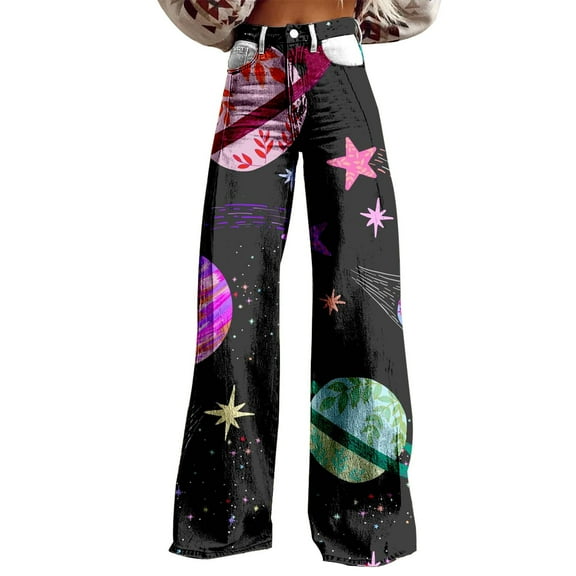 Charmgo Palazzo Pants for Women, Women's Vintage Floral Print Wide Leg Pant High Waisted Stretchy Flowy Pants with Pockets, Baggy Pants for Women Black L