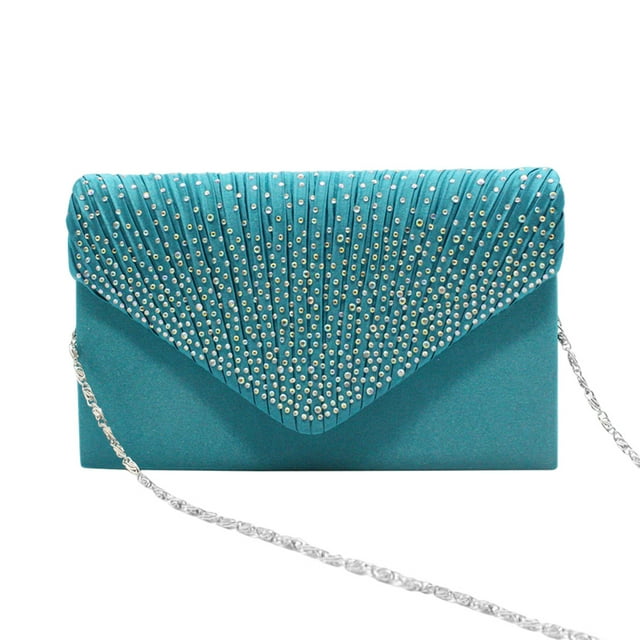 Youkk Women Envelope Bag Portable Hasp Rhinestone Replacement Stylish Solid Color Party Banquet Bridal Handbag Pouch Cyan