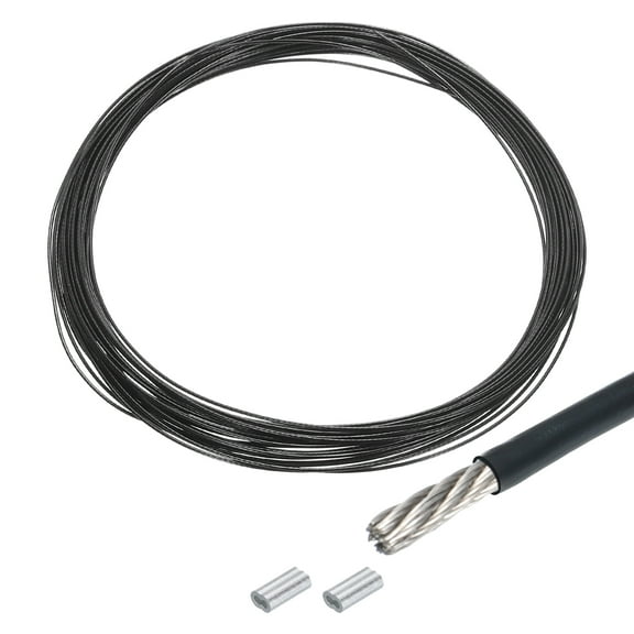 33Ft(10M) Wire Rope 304 Stainless Steel Cable 3/64''(1mm) Vinyl Coated with 2Pcs Aluminum Sleeves Black