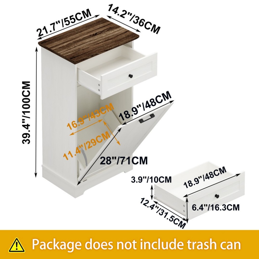 13 Gallon Tilt Out Trash Cabinet, Freestanding Garbage Can Storage with Drawer, Wood Recycling Cabinet, Antique White Kitchen Trash Bin Holder, Antique Brown & White