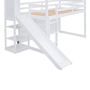 Pinovk Twin Size Wood House Loft bed with Slide, Storage shelves and Light, White
