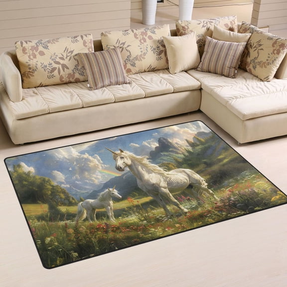 Unicorns Grassland Sky and Ainbow Area Rug Washable Floor Carpet Mat 60 x 39 inch for Bedroom Living Room Kids Room Home Decor