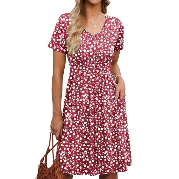 TARAINYA Summer Women Short Sleeve V-Neck Dresses With Buttons A-Line Pockets Sundresses Casual Knee Travel Beach Dresses