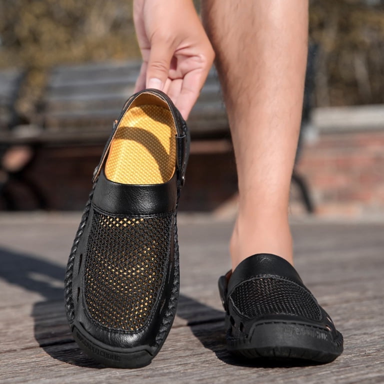 beach dress shoes mens HTHLVMD Adjustable Buckle Closed-Toe Shoes, Men's Hollow Closed Toe Sandals Summer Breathable Mesh Comfort Slip On Handmade Fisherman Sandals Outdoor Athletic Anti-Slip Casual Shoes, Black 11.5 MAISONETTE