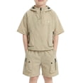 thumbnail image 2 of LIIPEE Boys Outfit Sets Summer Casual Lightweight Solid Color Short Sleeve Hooded Zipper Pullover Pockets Shorts 2 Piece Set Children Kids Outdoor Stylish Comfortable Sports Outfits,110, 2 of 5