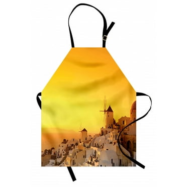 Greece Apron Sunset Oia Village on Santorini Island Mediterranean Summer Vacation, Unisex Kitchen Bib Apron with Adjustable Neck for Cooking Baking Gardening, Marigold Ivory and Brown, by Ambesonne