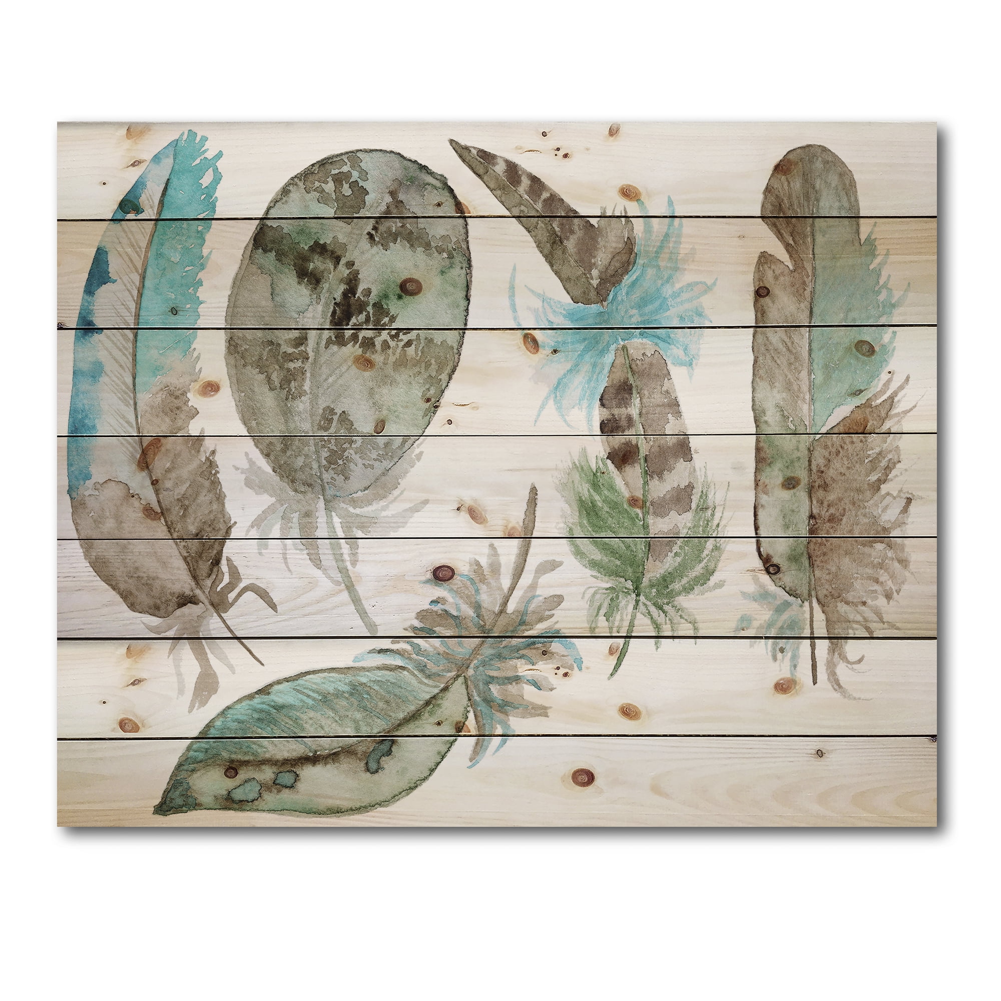 Designart 'Green Feathers Set On White' Bohemian & Eclectic Print on Natural Pine Wood