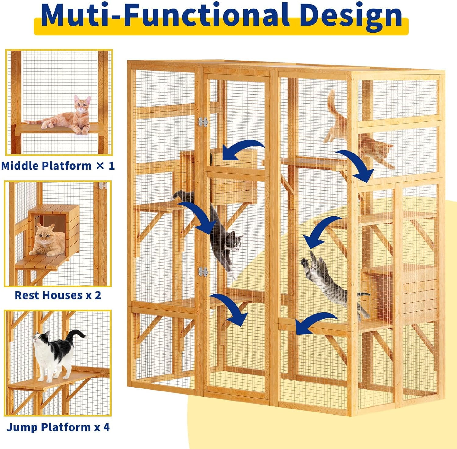 Akaber Large Outdoor Cat Enclosures with 7 Platforms & 2 Resting Rooms, Fir Wood Catio House with Waterproof UV Protection Roof, Indoor Outdoor Cat Furniture