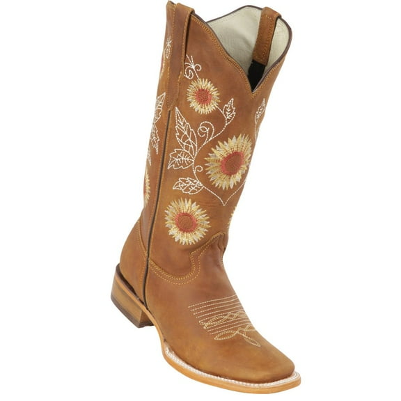 Women Western Boots Rodeo Square Toe Embroidered Sunflower La808KrazyTan Genuine Leather