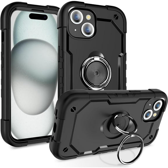 SUPNICE iPhone 15 Case with Built-in Ring Stand, Military Drop Protection, Absorbing Bumper Shockproof Case with 360°Rotatable Ring Kickstand for iPhone 15 6.1 inch, Black