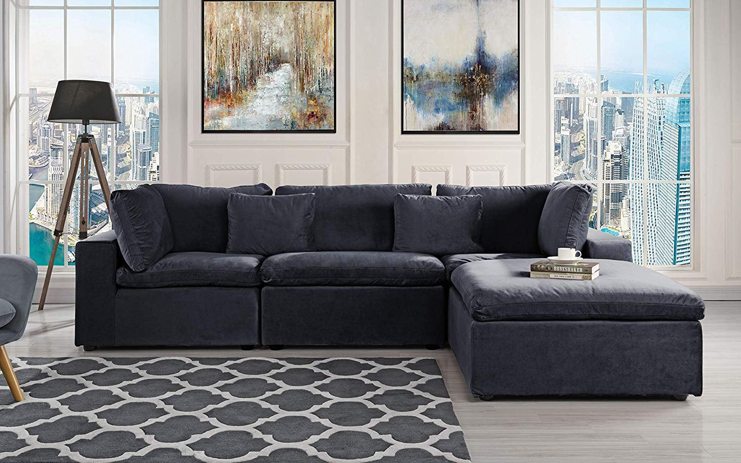 Large Configurable Microfiber Velvet Sofa L-Shape Couch, Black