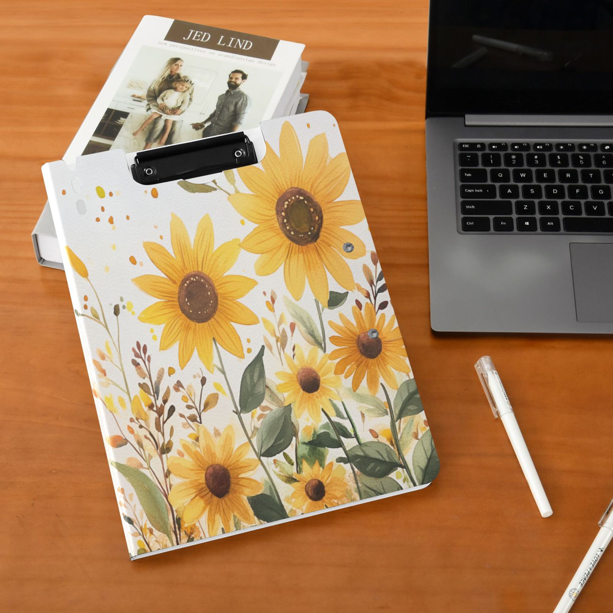FORMRS A4 Clipboard Folder with Pen Holder Horizontal Foldable School Office Binder, Beige Sunflowers