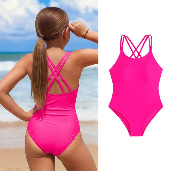 XINXIAOO 1 Piece Swimsuit for Girls Summer Adjustable Strap Pink Bathing Suits Kids Girls Swimwear Size 9-10 Years