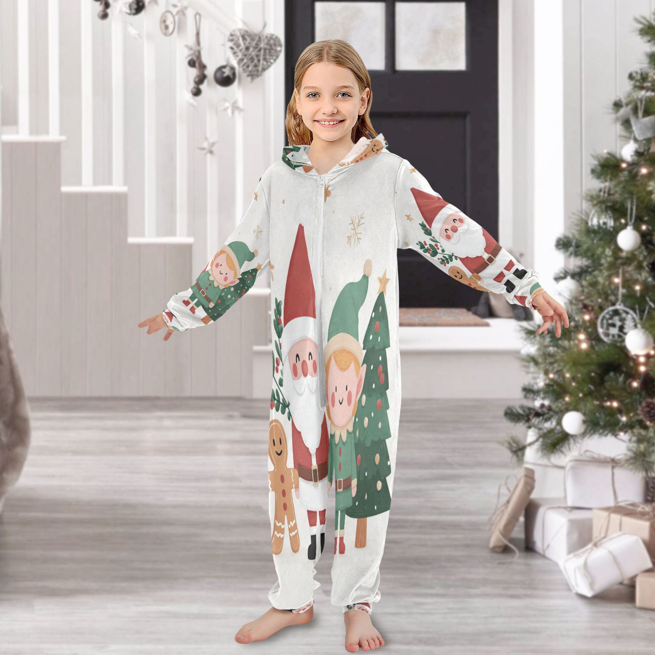 Ttyddzy Children's one-piece Hooded Pajamas Soft Crystal Velvet with Kids Girl Boys,Loose Convenience Long Sleeves Zipper for 4T-14Y ，Santa Claus and The Little Elves