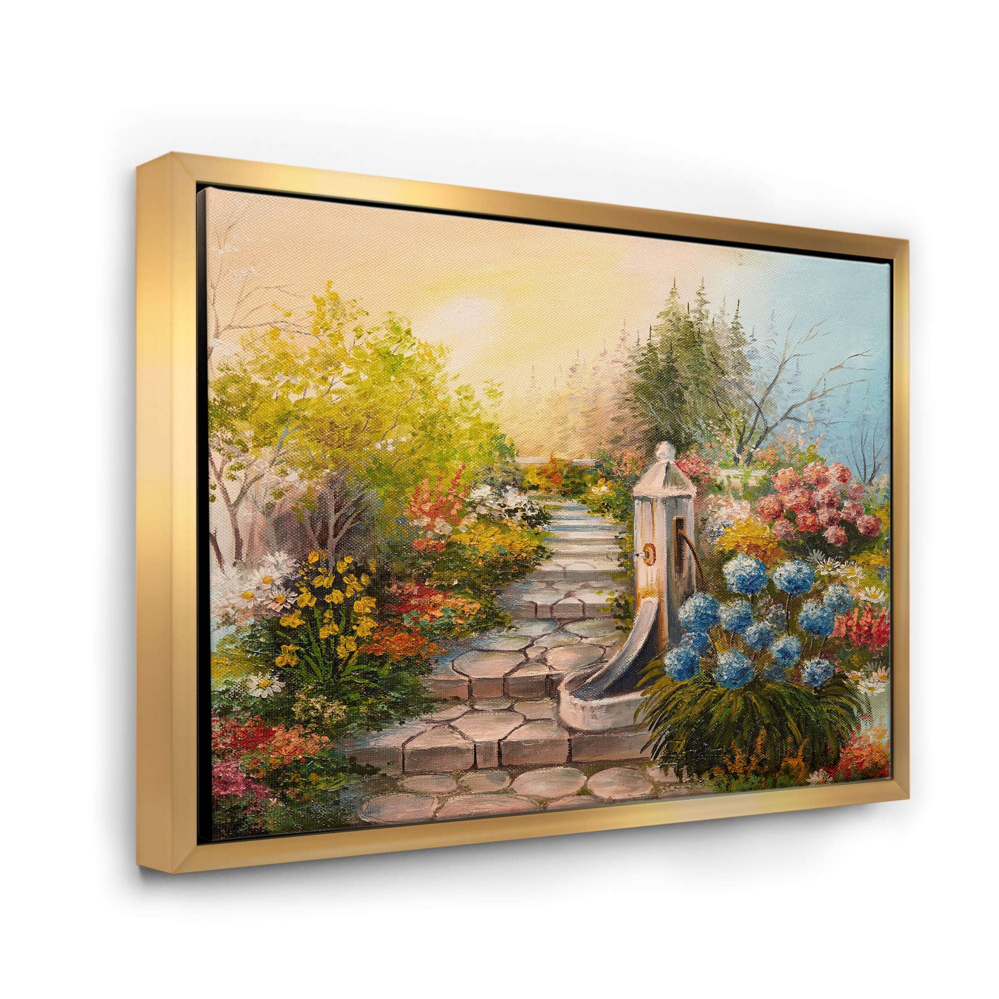 Designart 'Stone Stairs In The Blossoming Flowers Forest' Traditional Framed Canvas Wall Art Print