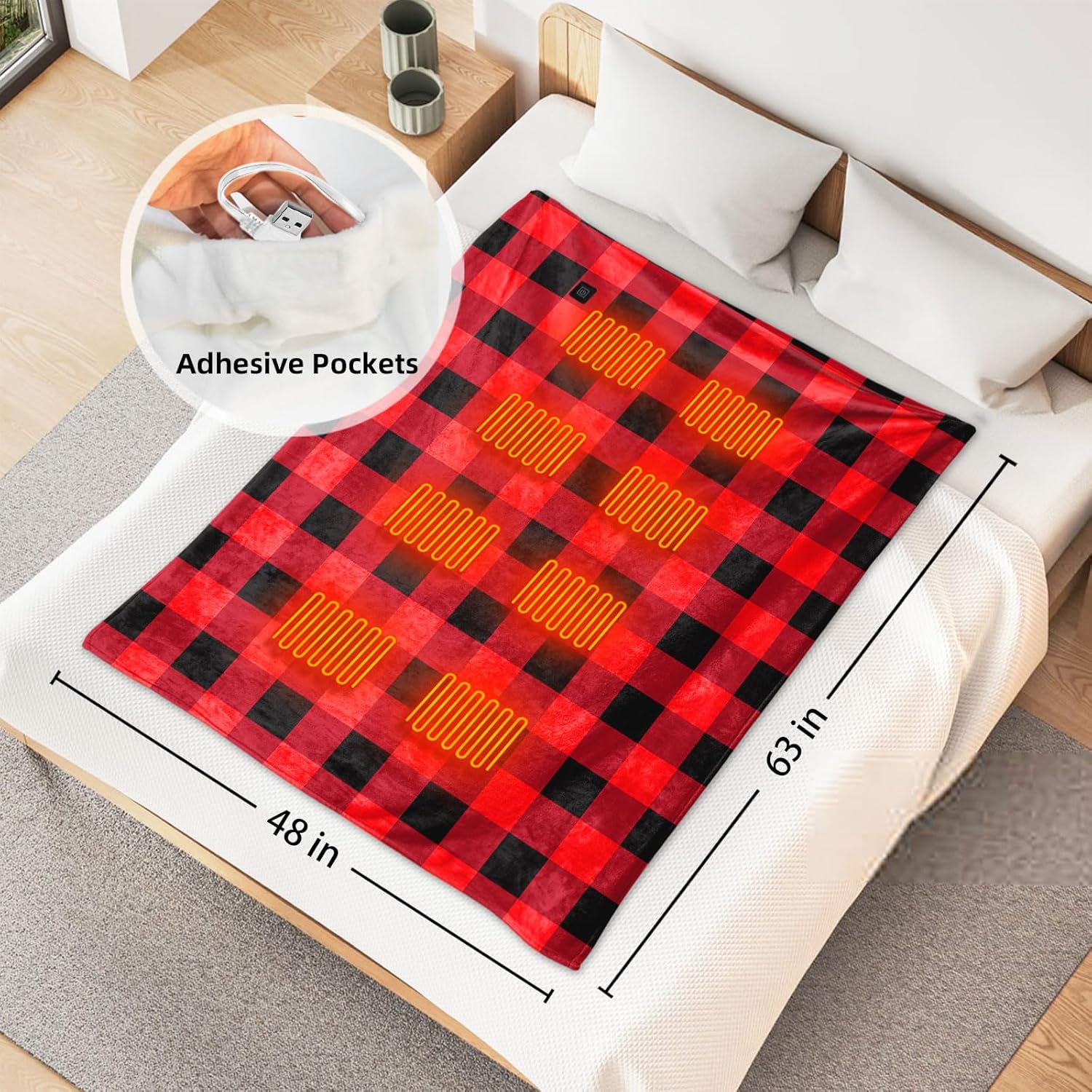 USB Powered Electric Heated Checkered Throw Blanket Portable USB Heating Red and Black Blanket for Women 50" X 60" with 3 Heating Levels