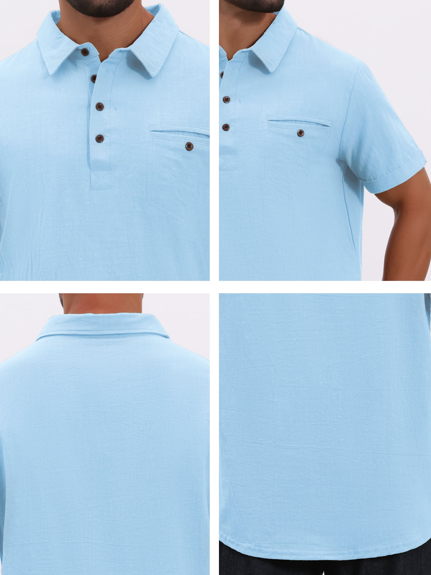 DARING DIVA Men's Linen Chest Pocket Short Sleeve Casual Hawaiian Shirts L Light Blue