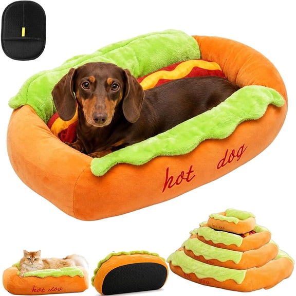 Hot Dog Dog Bed, Soft Plush Small Cute and Warm Cozy Food Dog Cat Bed, Hot Dog Bed for Dachshund, Small Bun Dogs and Cats Bed, Plush Removable Washable Pet Bed (S)