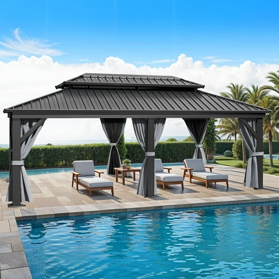 Dextrus 12x20 FT Double Roof Hardtop Gazebo,Heavy Duty Galvanized Steel Canopy with Netting & Gray Curtains, Sunshade for Garden, Patio, Lawns, Black&Gray
