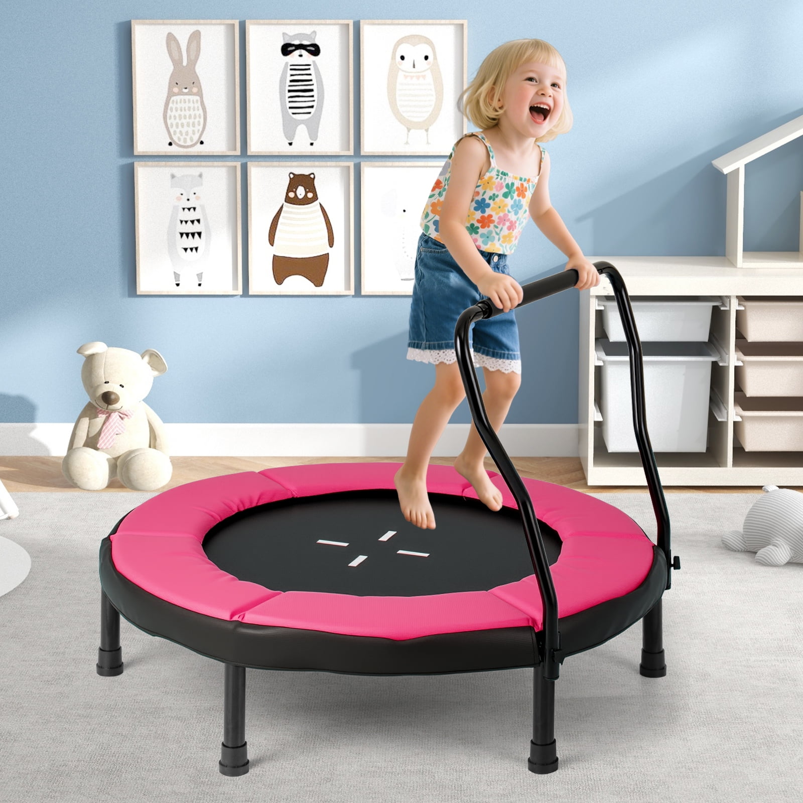 Gymax 40'' Trampoline for Kids Indoor/Outdoor Fitness Trampoline w/ Foam Handlebar Pink