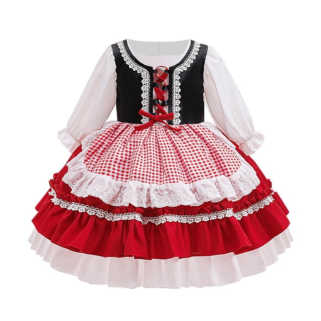 Floleo Robe de Noël à Carreaux pour Filles, Manches Longues, Col Poupée, Détail Nœud, Robe de Fête pour Célébration d'Anniversaire (Rouge1,2 Ans)