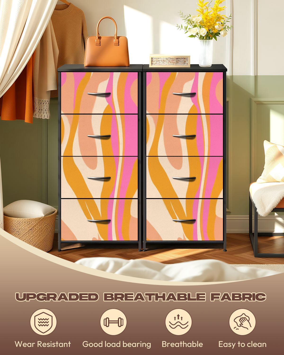 Kanworse 4 Drawer Fabric Dresser for Bedroom Psychedelic swirl groovy Psychedelic Chests of Drawers for Closet Organizers Storage