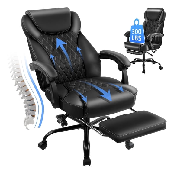 Office chair,ergonomic big & tall,foot rest,reclining high back leather,lumbar support,for home desk,black
