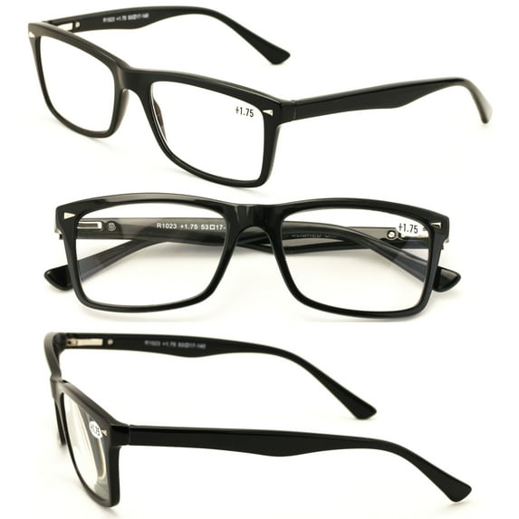 3 Pairs of Gloss Black Rectangular Modern Reading Glasses with Spring Hinges - Classy Clear Lens Reader +1.75