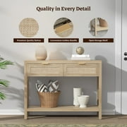 Surmoby Console Table with Rattan Drawers,Boho Wood Entryway Table Hallway Table Sofa Table with Open Storage Shelf for Living Room,Foyer and Corridor,Light Oak