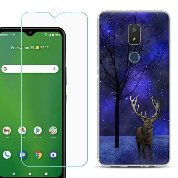 Slim-Fit TPU Fashion Phone Case for Cricket Icon 3, with Tempered Glass Screen Protector, by OneToughShield ® - Midnight Deer