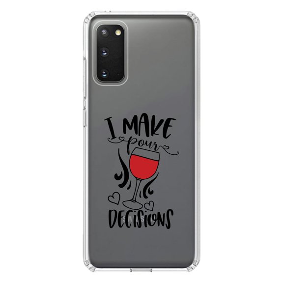 DistinctInk Clear Shockproof Hybrid Case for Galaxy S20 PLUS / 5G (6.7" Screen) - TPU Bumper Acrylic Back Tempered Glass Screen Protector - I Make POUR Decisions - Wine