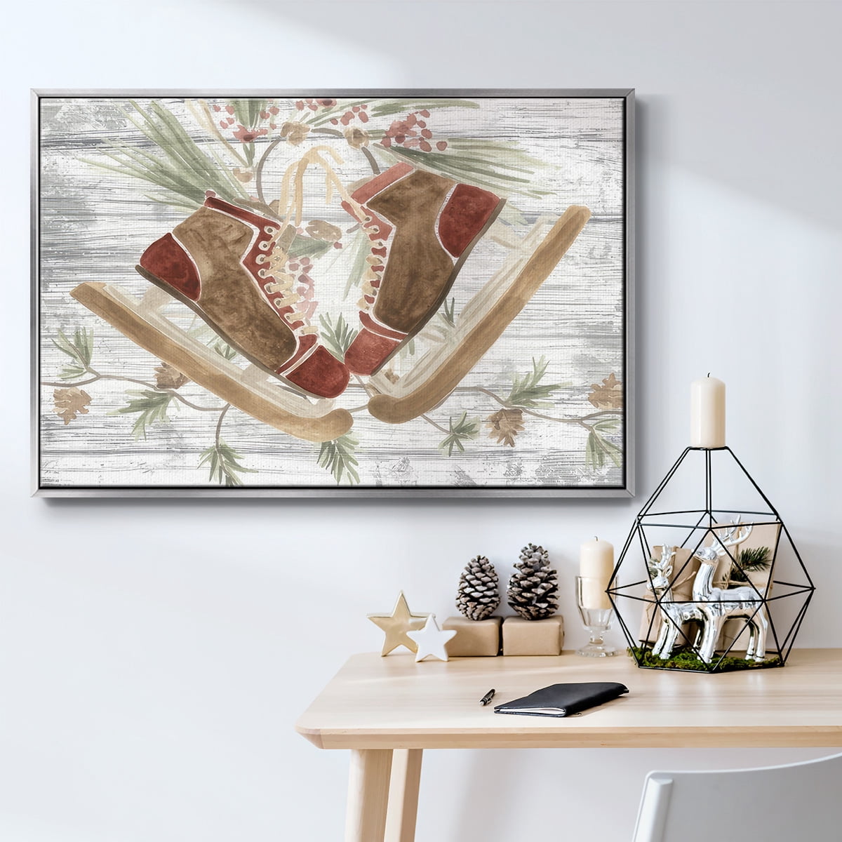 Pinecone Lodge Collection A - Framed Gallery Wrapped Holiday Canvas - 17 x 25 - Silver Frame