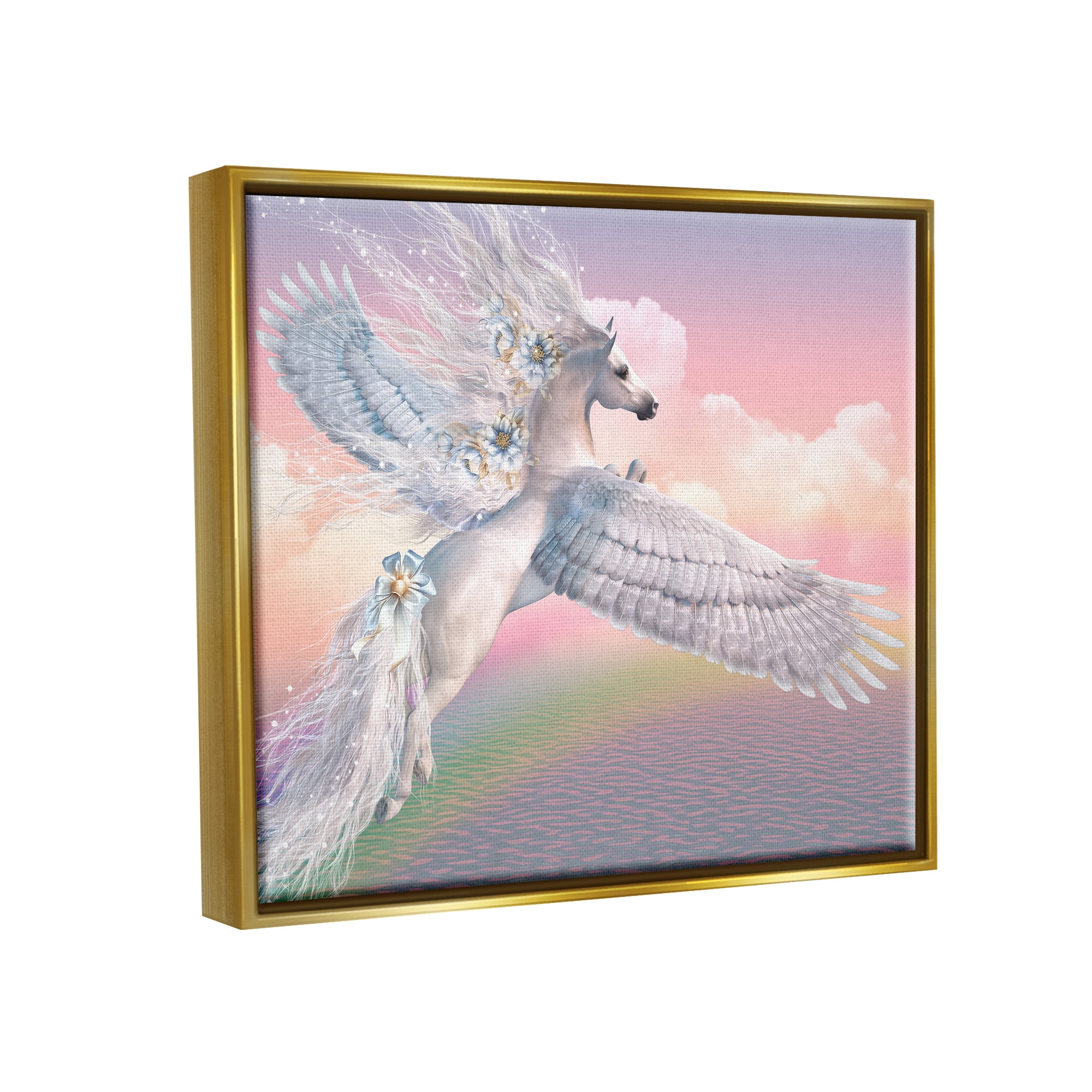 Stupell Industries Unicorn Over the Rainbow Fairy Tales & Fantasy Painting Gold Floater Framed Canvas Art Print Wall Art, 31 x 25