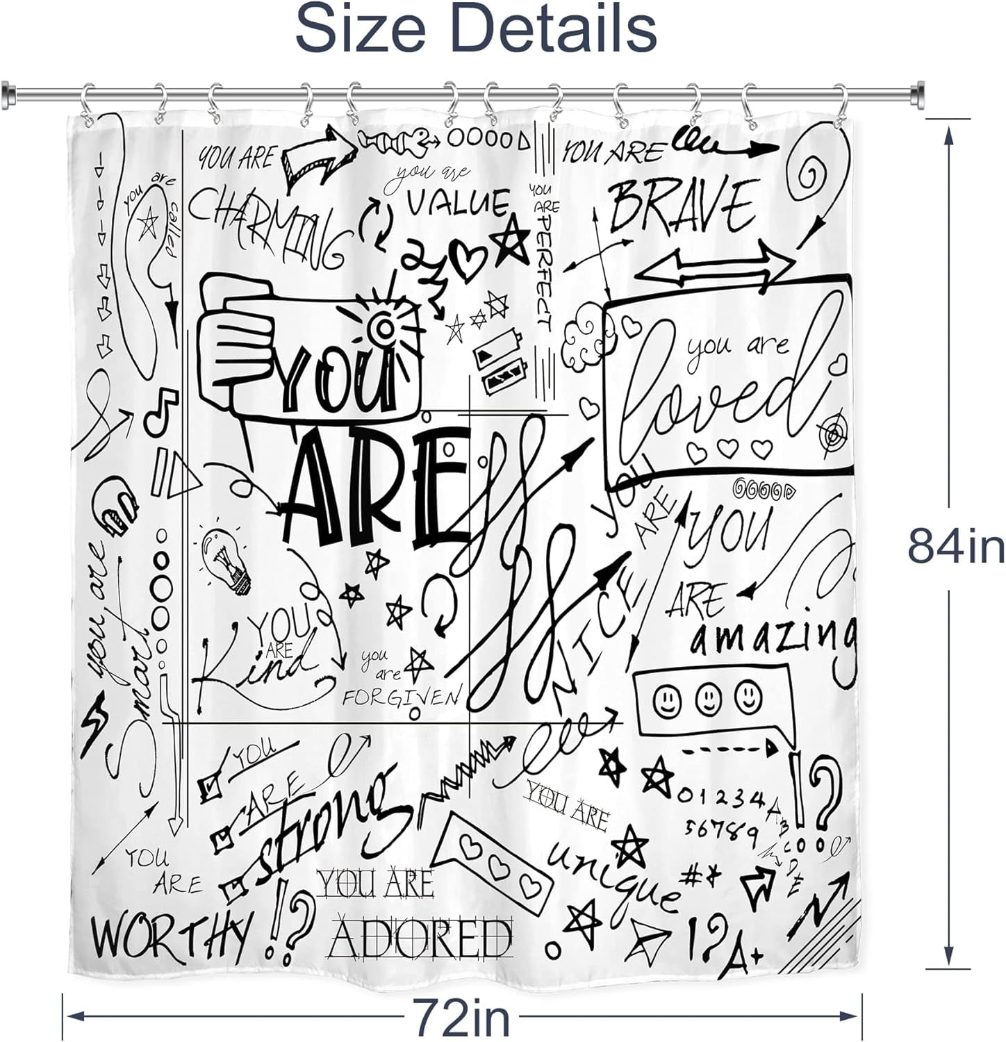 Teen Shower Curtain 72Wx84L Inch for Kids Funny Quotes Black White Inspirational You are Motivational Abstract Artwork Cloth Fabric Waterproof Polyester Bathroom Decor Set with 12 Pack Hooks