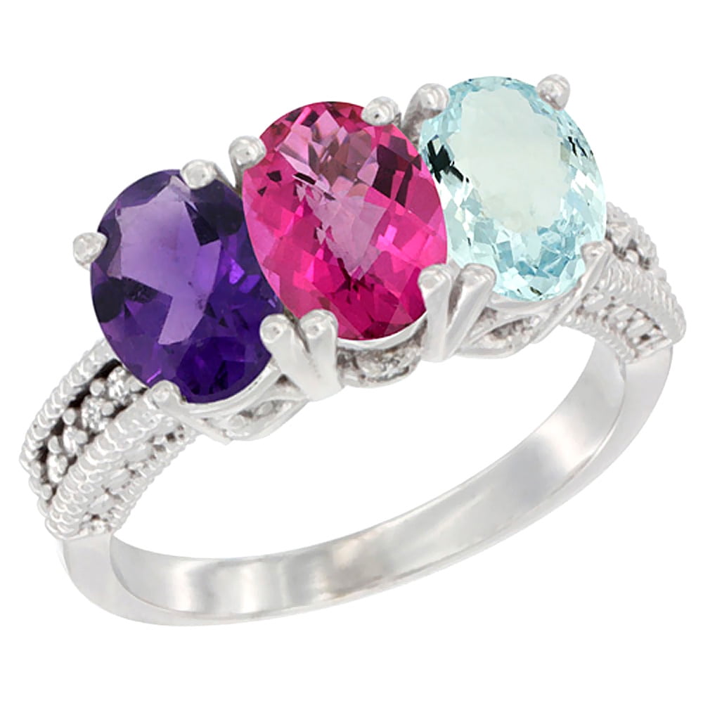 10K White Gold Natural Amethyst, Pink Topaz & Aquamarine Ring 3-Stone Oval 7x5 mm Diamond Accent, sizes 5 10 by WorldJewels