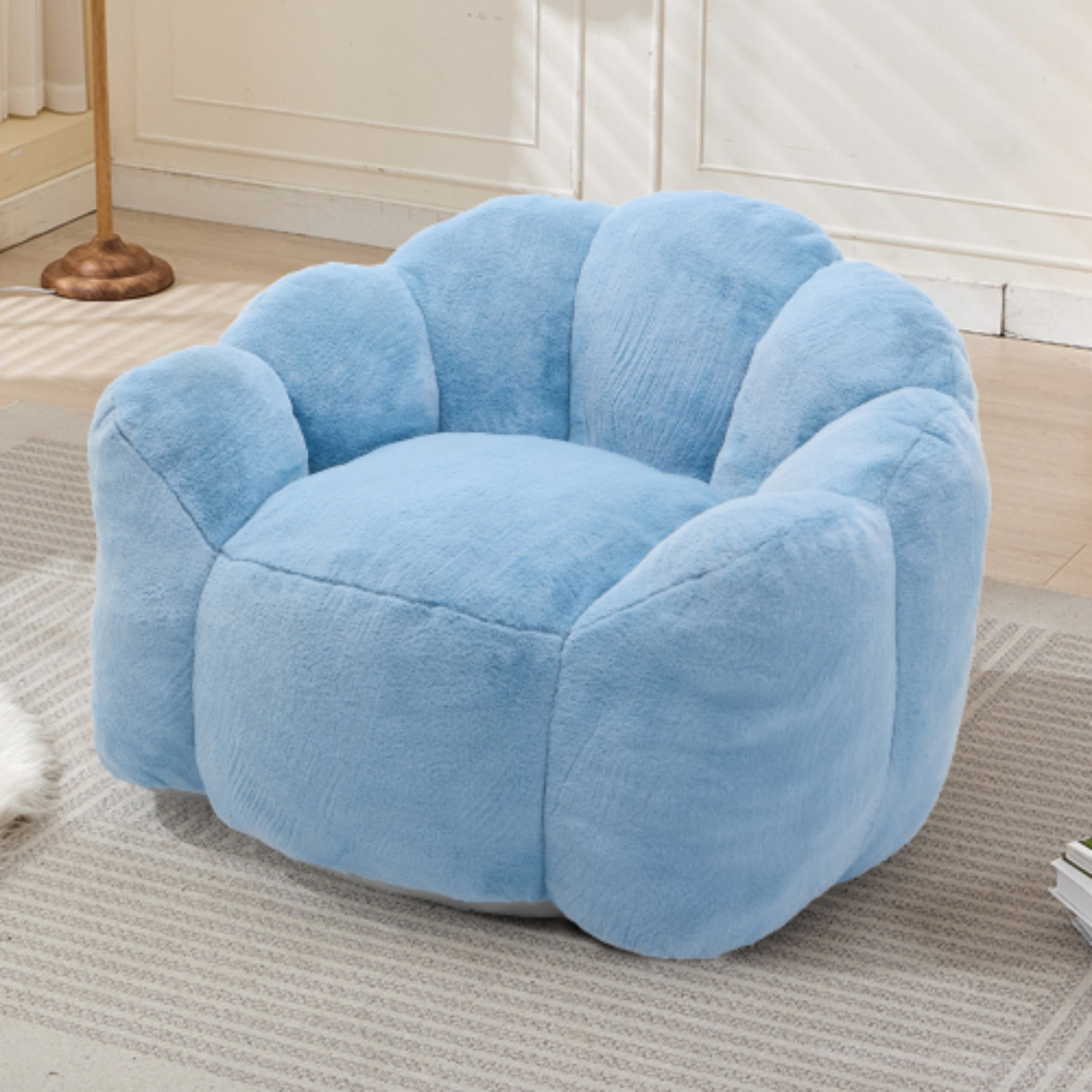 Lotus Bean Bag Sofa Chair for Adults, Memory Foam Lounge Chair with Pull Ring, Lazy Floor Sofa for Living Room Bedroom, Blue