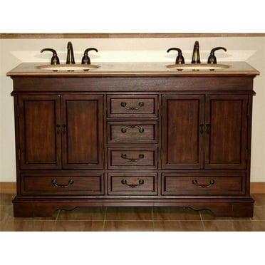 Silkroad Exclusive Traditional Travertine Bathroom Vanity- Double Sink - 60 in. Wide