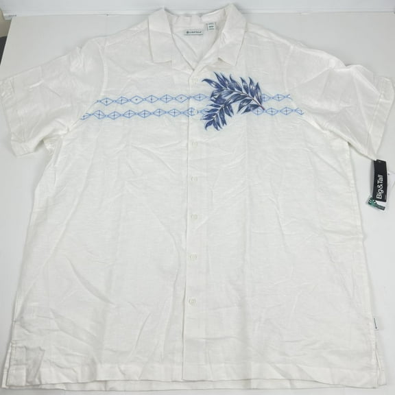 Cubavera Mens Big & Tall Leaf Print Short-Sleeve Camp Shirt Brilliant White-3XLT