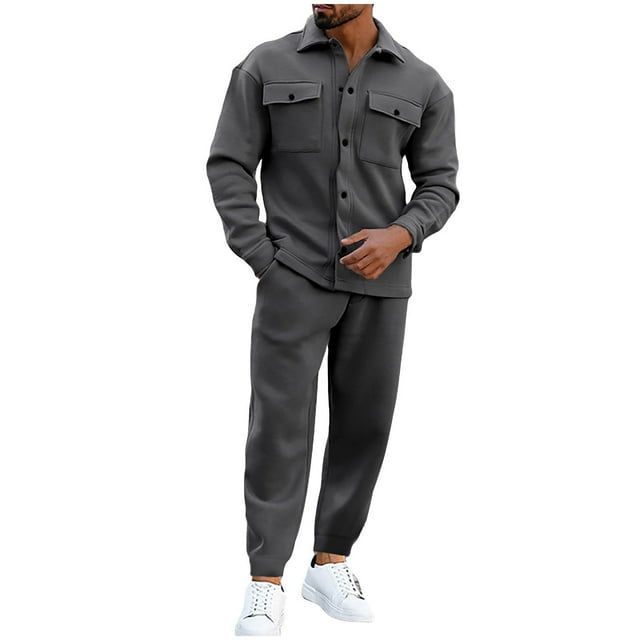 HAiming Mens Sets 2 Pieces Tracksuit Long Sleeve Button up Cargo Jacket and Jogger Pants Solid Color Outfits