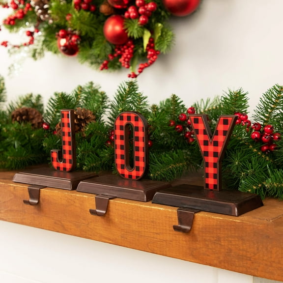 Northlight Set of 3 Red and Black Buffalo Plaid "JOY" Christmas Stocking Holder 6"