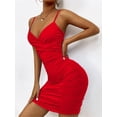 thumbnail image 4 of Surakey Bodycon Mini Dress for Women V Neck Beach Dress Sleeveless Summer Dress Ruched Slip Dress Plain Solid Color Spaghetti Strap Vest Dress, 4 of 10