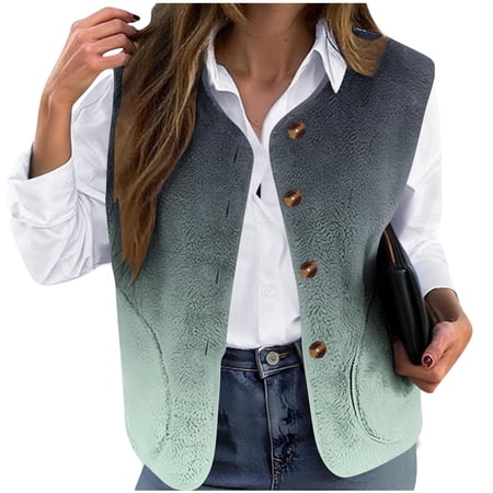 Mwjwdo Women s V Neck Snap Teddy Fleece Loose Vest Gradient Graphic Motif Soft Warm Layer for Brunch Dates Green XXXL