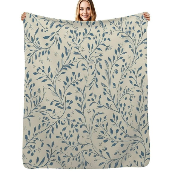 Blue floral cream background pattern Flannel Blanket Warm Soft Bedding Throws Winter Camping Chair Sofa Bed