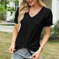 thumbnail image 5 of Fesfesfes Women's V-Neck Tops New Eyelet Embroidered Short Ruffle Sleeve T-shirt Breathable Fabric Casual Loose Front Tie Hem Tee, 5 of 7