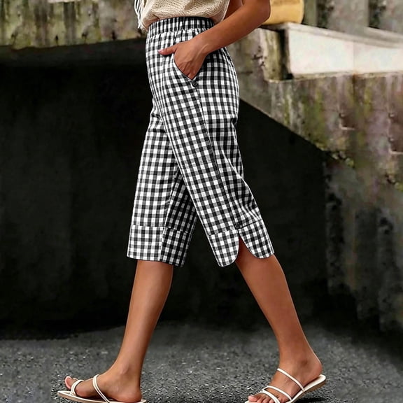 Womens Cotton Linen Shorts Summer Lightweight Straight Leg Elastic Mid Waisted Plaid Printed Bermuda Short for Women with Pockets